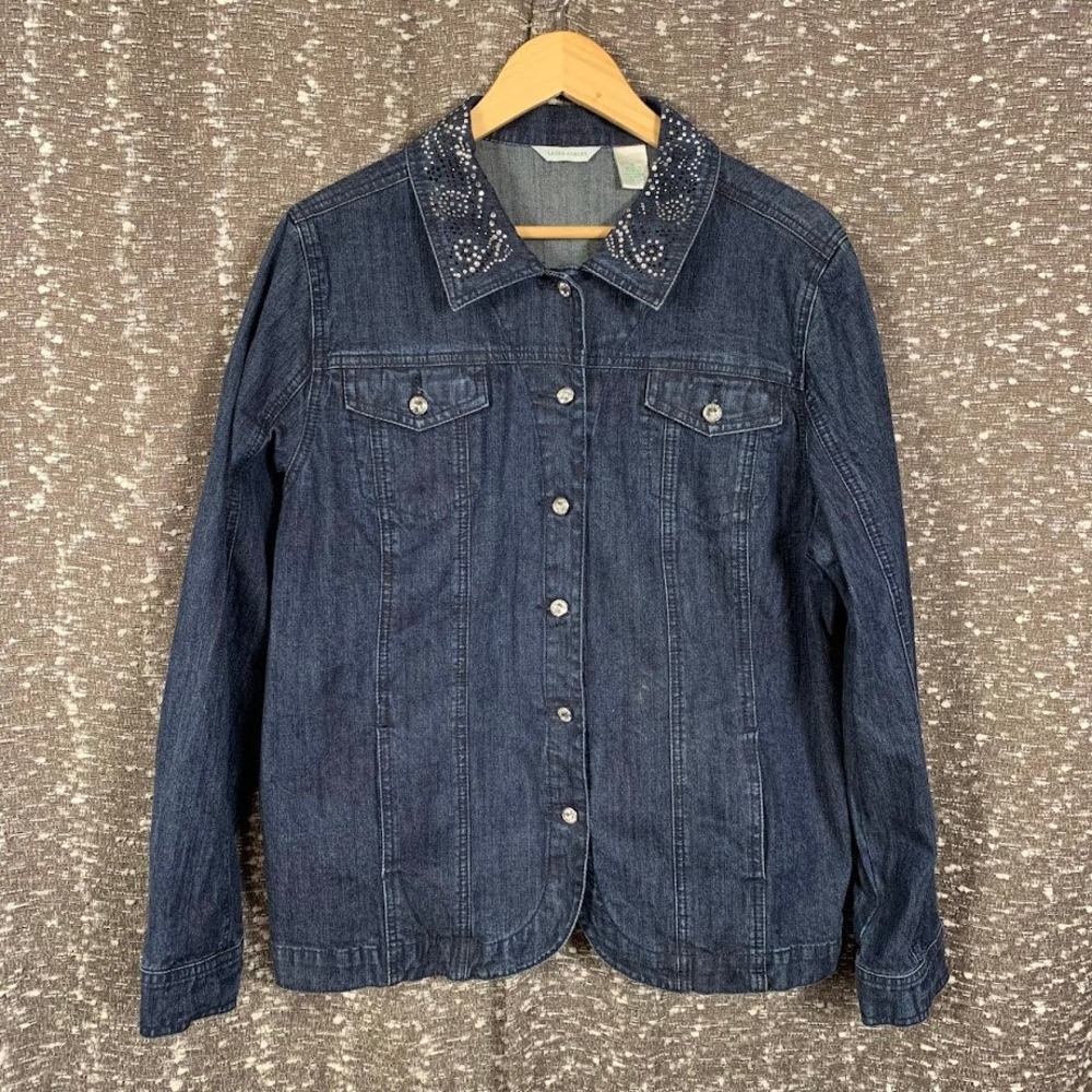Laura Ashley Dark Wash Denim Jacket Rhinestone Collar Women's XL